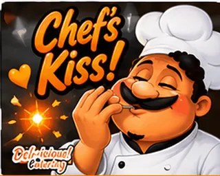 Illustrated Deli-icious! chef mascot blowing a chef's kiss
