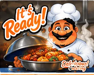Illustrated Deli-icious! chef mascot presenting a dish, saying “It’s ready!”