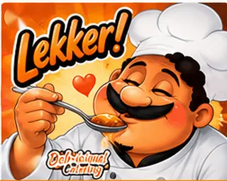 Illustrated Deli-icious! chef mascot tasting food and saying “Lekker!”