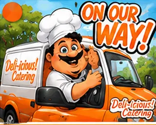 Illustrated Deli-icious! chef mascot driving a delivery van: “On our way!”