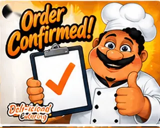 Illustrated Deli-icious! chef mascot holding a clipboard: “Order confirmed!”