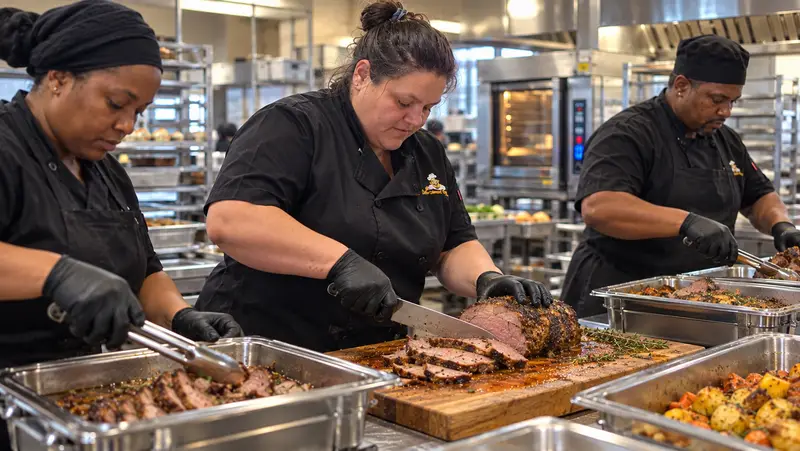 Deli-icious! Catering team in black uniforms and gloves carving roast beef and serving roast potatoes into chafing trays at a catered function