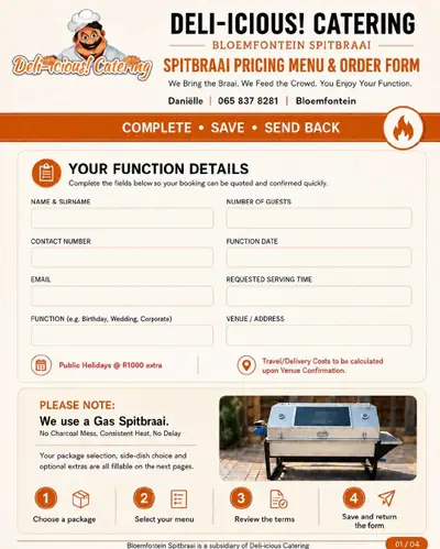 Cover of the Deli-icious! bloemfontein spitbraai pricing menu and order form PDF