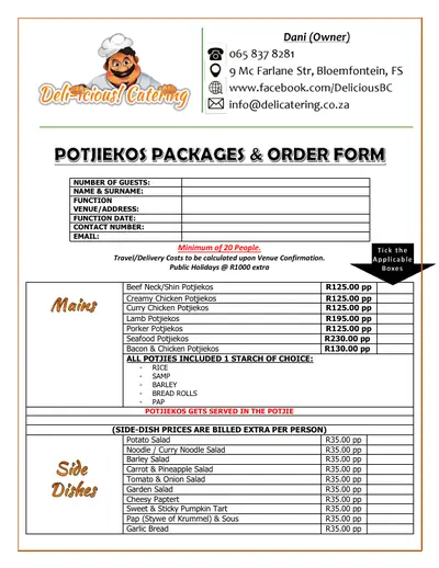 Cover of the Deli-icious! potjiekos packages and order form PDF