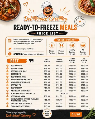 Cover of the Deli-icious! ready to freeze meals price list PDF