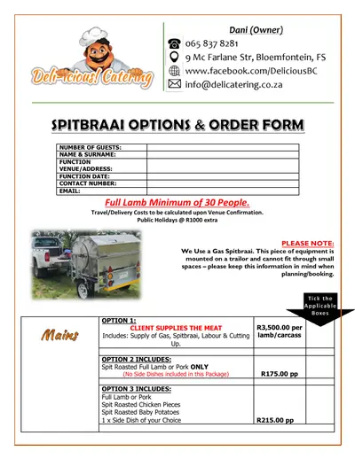 Cover of the Deli-icious! spitbraai options and order form PDF